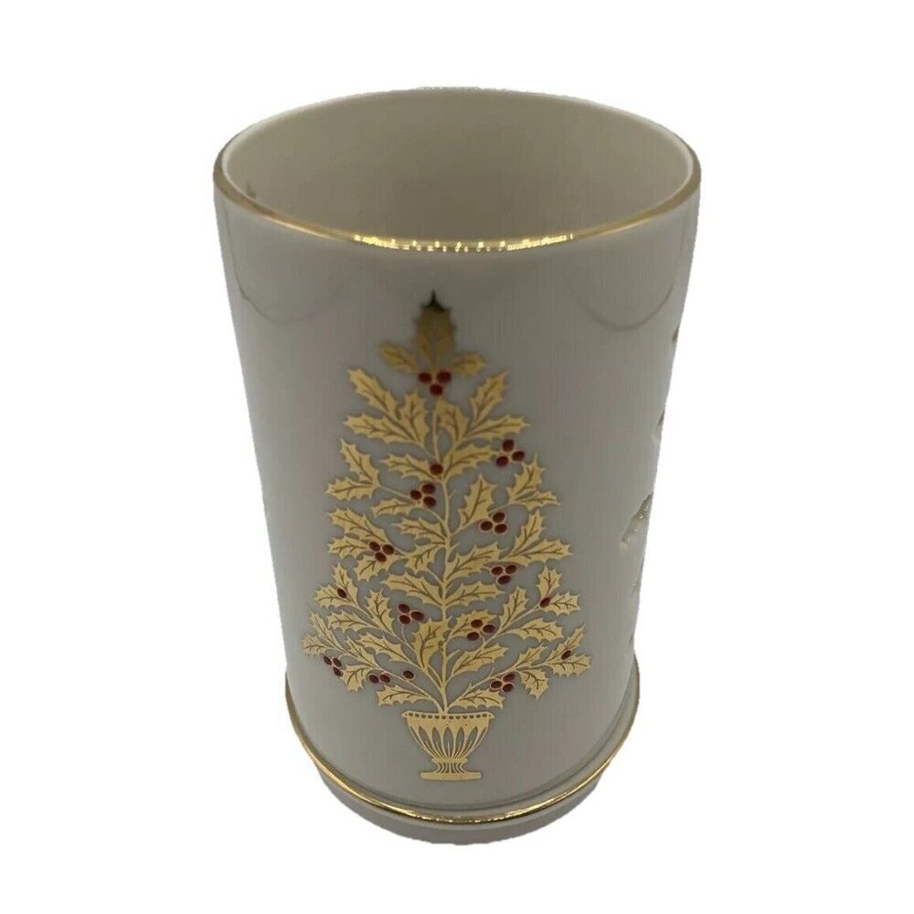 Lenox Candle Holder Eternal Christmas Pierced Porcelain Floral Gold Trim USA